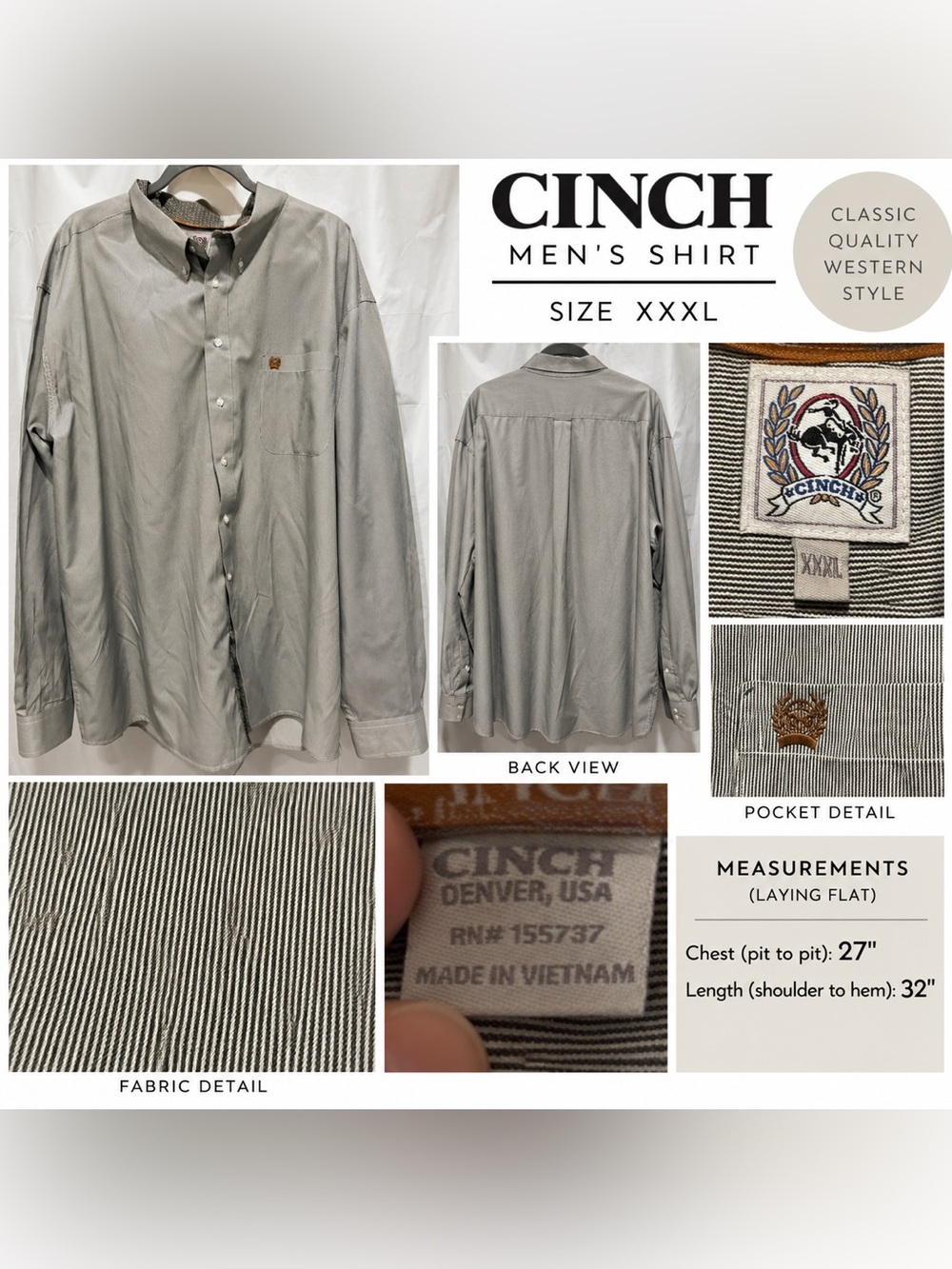 Cinch Men’s XXXL Gray White Stripe Long Sleeve Button Down Western Shirt